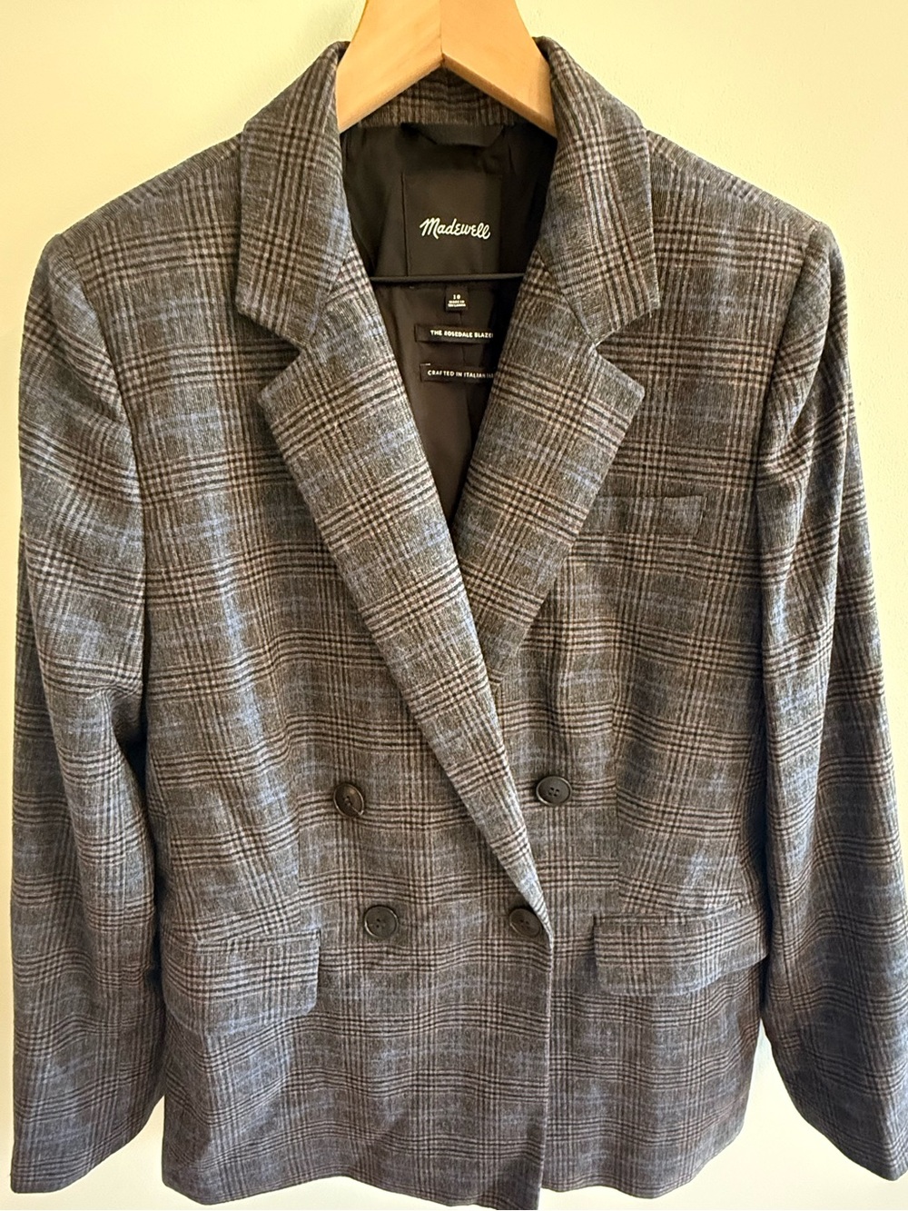 Madewell Rosedale Blazer Size 10 Gray Plaid Italian Fabric Wool Blend Double Bre